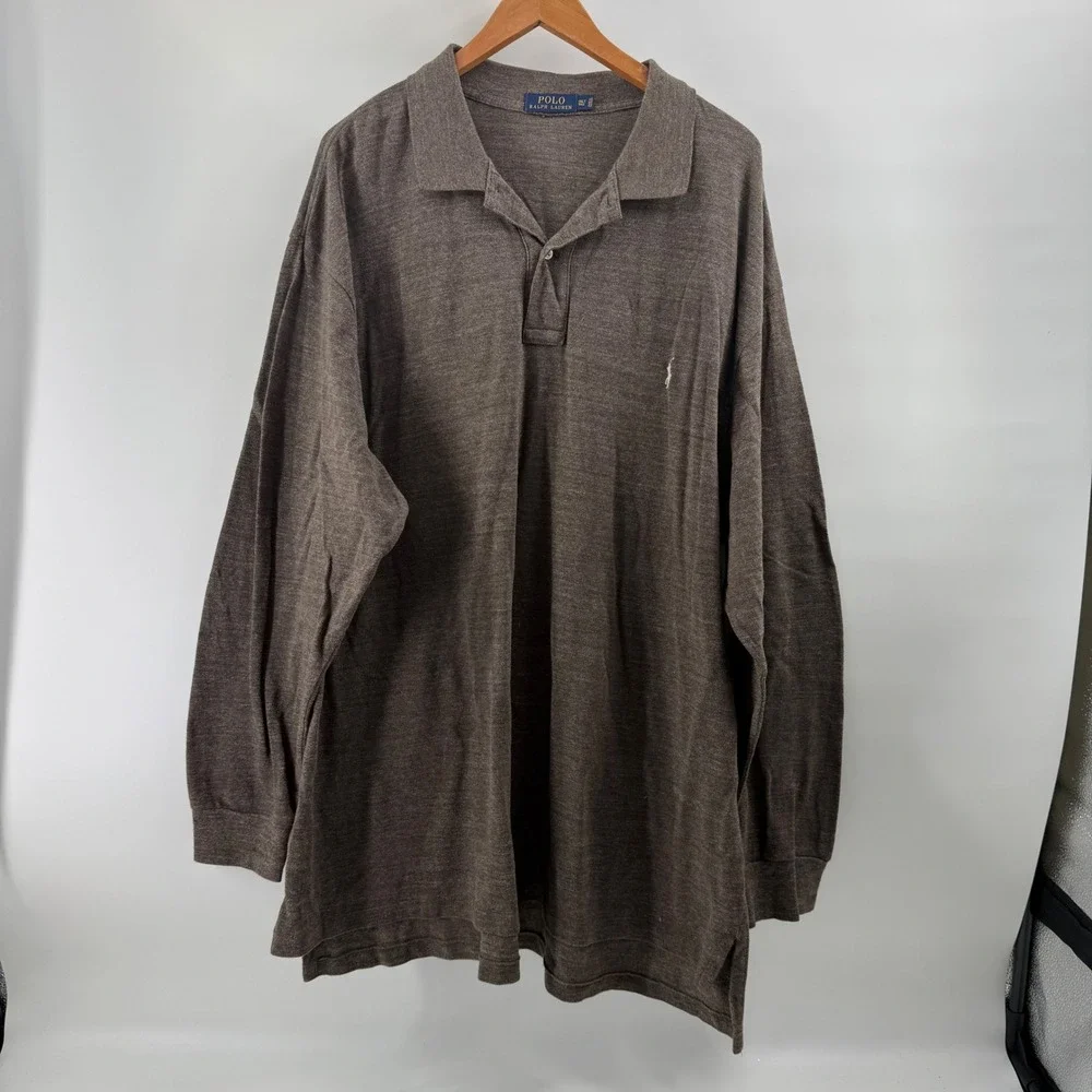 Polo Ralph Lauren Mens 3XLT Brown Heathered Long Sleeve Polo Shirt Tall Big Pony